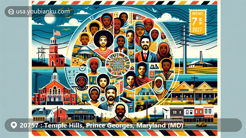 Modern illustration of Temple Hills, Prince Georges County, Maryland, featuring Hebb Family Cemetery as a cultural landmark, postal elements like postmark and ZIP code 20757, reflecting local diversity and history.