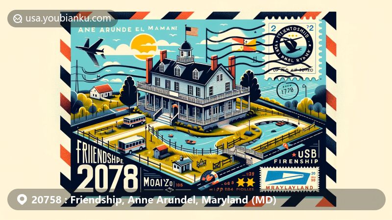 Modern illustration of Friendship, Anne Arundel, Maryland, highlighting postal theme with ZIP code 20758, showcasing Holly Hill and Friendship Pond Park, along with vintage air mail elements and Maryland state flag.