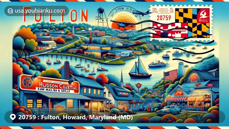 Modern illustration of Fulton, Howard County, Maryland, showcasing a vibrant postal theme with ZIP code 20759, featuring Maple Lawn and the Hudson Coastal Raw Bar & Grille, representing the local landmarks and culinary culture of the area.