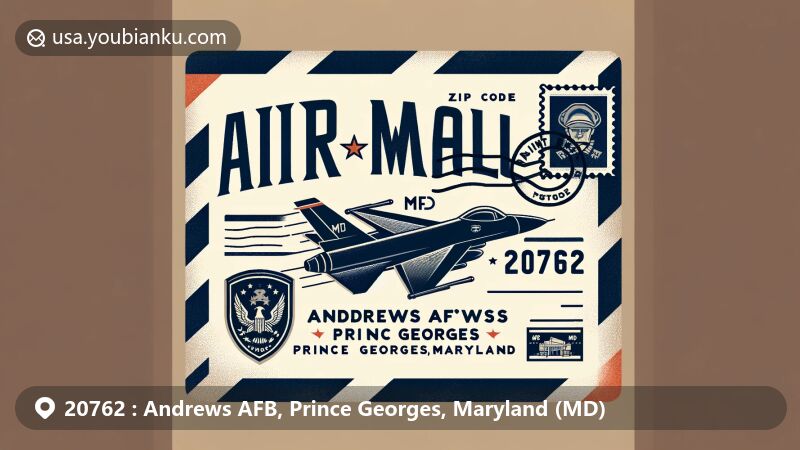 Modern illustration of Joint Base Andrews, Maryland, with air mail envelope theme and ZIP code 20762, featuring military emblem and Maryland state flag stamp.