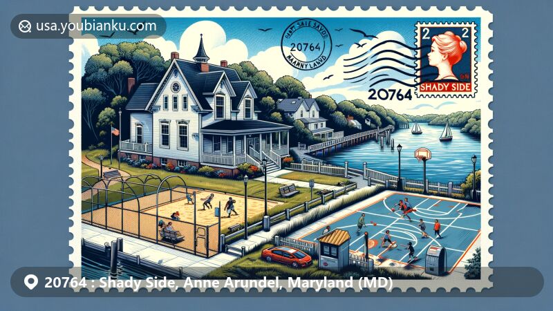 Modern illustration of Shady Side, Anne Arundel County, Maryland, featuring Captain Salem Avery House, Shady Side Park, Chesapeake Bay, and postal elements with ZIP code 20764.