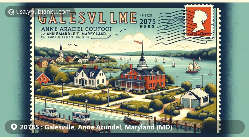 Modern illustration of Tulip Hill, Galesville, Anne Arundel County, Maryland, showcasing postal theme with ZIP code 20765, featuring Tulip Hill plantation and Galesville Rosenwald School.