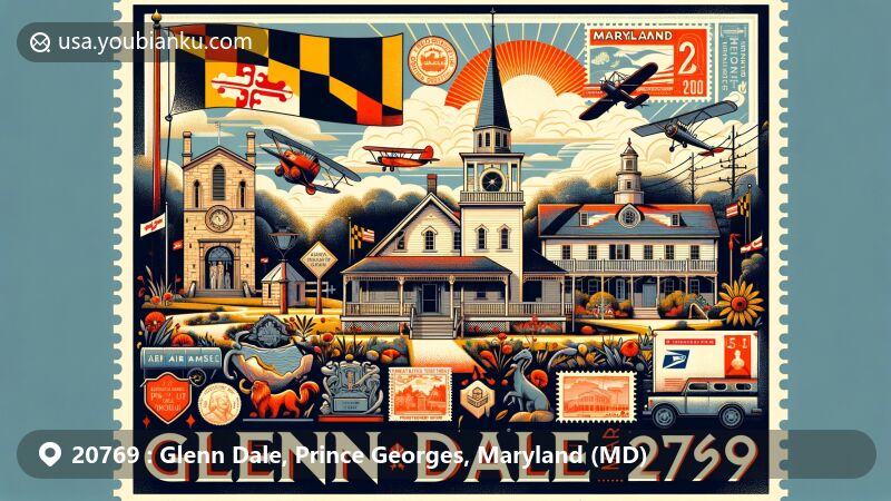 Modern illustration of Glenn Dale, Prince Georges County, Maryland (MD), featuring Marietta House Museum, Perkins Chapel, and Dorsey Chapel, with Maryland state flag and postal elements like vintage airmail envelope, stamps, and postmark with ZIP Code 20769.