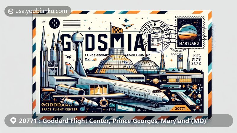 Modern illustration of Goddard Space Flight Center, Prince Georges, Maryland, showcasing airmail envelope with space exploration theme, Maryland state flag stamp, and postal postmark.