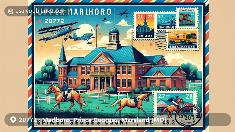 Modern illustration of Marlboro, Prince Georges, Maryland, highlighting ZIP code 20772 with Prince George's County Courthouse and Equestrian Center, featuring creative postal elements.