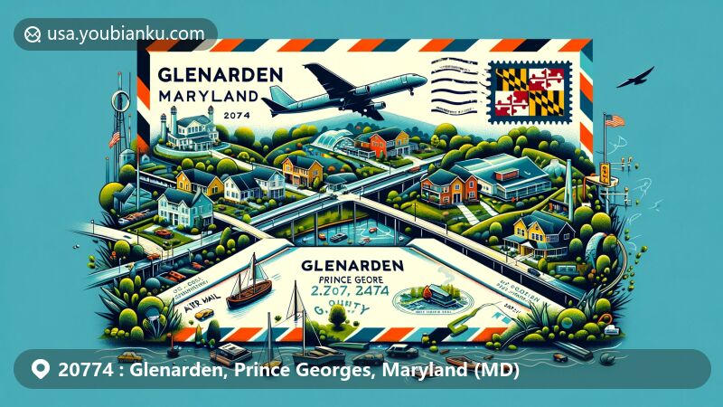 Contemporary illustration of Glenarden, Prince George's County, Maryland, featuring green parks, suburban homes, Maryland state flag, and postal stamp with ZIP code 20774.