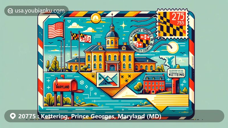 Modern illustration of Kettering, Maryland, featuring airmail envelope with ZIP code 20775 and Prince George's Community College, set against Maryland state flag and county outline, showcasing education importance and postal theme.