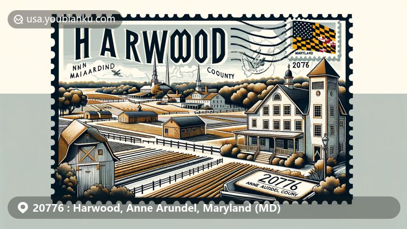 Modern illustration of Harwood, Maryland, showcasing postal theme with ZIP code 20776, featuring local farms, historical buildings, Maryland state flag, and Anne Arundel County outline.