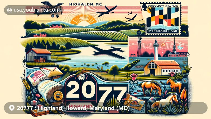 Modern illustration of Highland, Howard County, Maryland, highlighting postal theme with ZIP code 20777, featuring local agrarian landscape, including farms, horse fields, and Schooley Mill Park habitats.