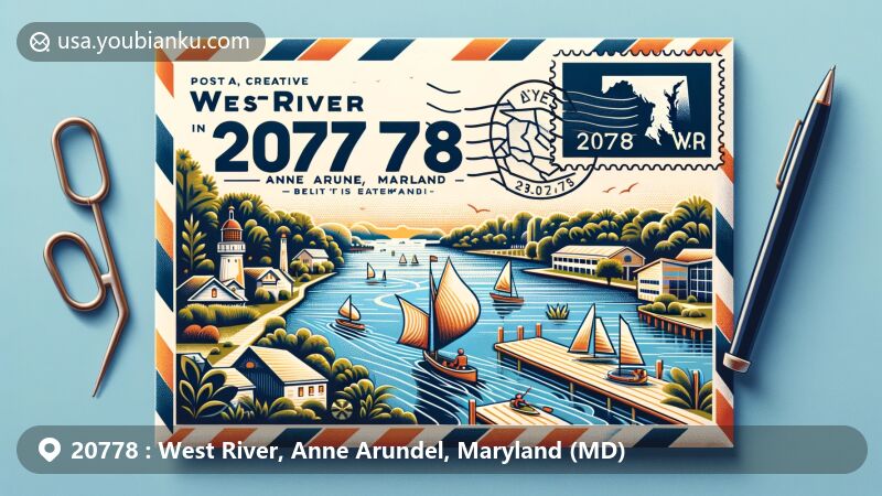 Modern illustration of West River, Anne Arundel, Maryland, showcasing a creative postal theme with ZIP code 20778, featuring a stylized airmail envelope and stamp depicting the area's connection to the Chesapeake Bay.