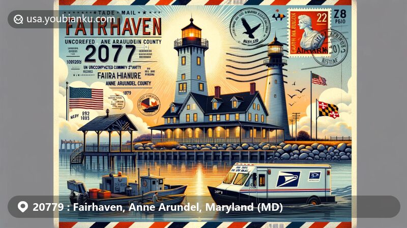 Modern illustration of Fairhaven, Anne Arundel, Maryland, reflecting ZIP code 20779's maritime heritage with Baltimore Light Station and Chesapeake Bay, incorporating vintage air mail elements like Maryland state flag stamp and classic postal truck.