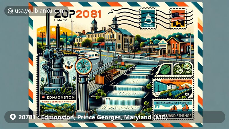Modern illustration of Edmonston, Prince George's County, Maryland, portraying postal theme with ZIP code 20781, featuring historic East Hyattsville and Palestine subdivisions, the pumping station, and the Green Street project showcasing environmental initiatives. The artwork presents a creatively designed postcard or air mail envelope adorned with stamps highlighting town landmarks and displaying the ZIP code, with a modern illustration style balancing detail and clarity.