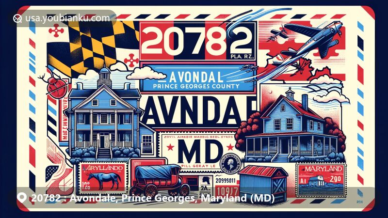 Modern illustration of Avondale, Prince Georges, Maryland, integrating Maryland state flag, Prince George's County outline, and landmarks like Belair Mansion, showcasing postal elements with vintage air mail envelope and postmark.