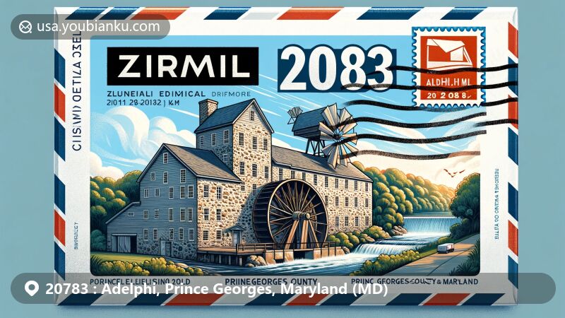 Modern illustration of Adelphi, Maryland, showcasing postal theme with ZIP code 20783, featuring Adelphi Mill and postal symbols, set in a park with Prince Georges County and Maryland symbols.