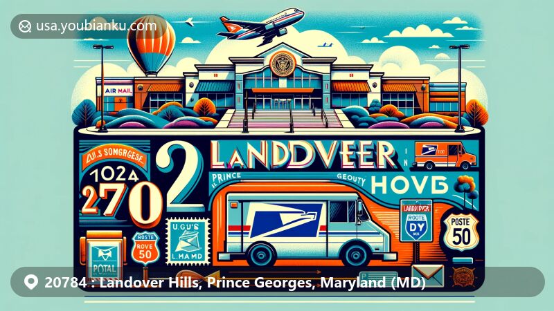 Modern illustration of Landover Hills, Prince Georges County, Maryland, inspired by ZIP code 20784, with Crestview Square shopping center, postal symbols, and U.S. Route 50 highway sign.