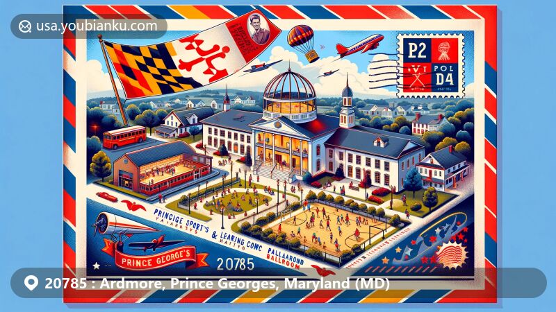 Modern illustration of Prince Georges County, Maryland, featuring ZIP code 20785, showcasing sports and cultural highlights, including Prince George's Sports & Learning Complex, Ballroom, and Piscataway Village Historic District.