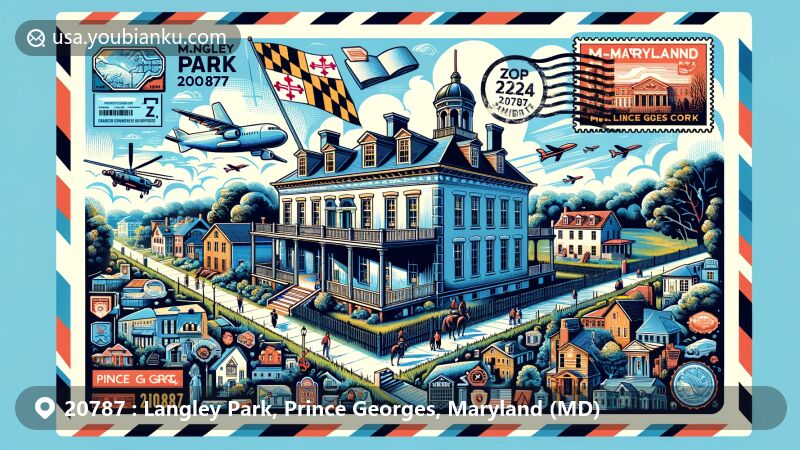 Modern illustration of Langley Park, Prince Georges County, Maryland, highlighting McCormick-Goodhart Mansion within an airmail envelope design, reflecting community diversity and historical importance. Maryland state flag, '2024-02-24' postmark, and ZIP code '20787' incorporated.