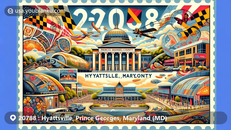 Modern illustration of ZIP code 20788 in Hyattsville, Maryland, Prince Georges County, featuring local public art elements and postal theme with Maryland state flag stamps.