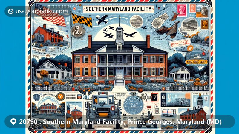 Modern illustration of Southern Maryland Facility area in Prince George's County, Maryland, featuring historic landmarks like Beall's Pleasure and Belair Mansion, with county symbols and postal-themed elements.
