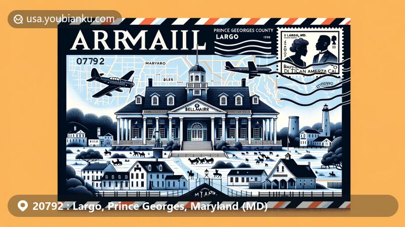 Modern illustration of Belair Mansion and Belair Stables in Largo, Maryland, featuring airmail envelope, landmarks, and African American historical sites, with elements of Maryland state flag and postal theme.