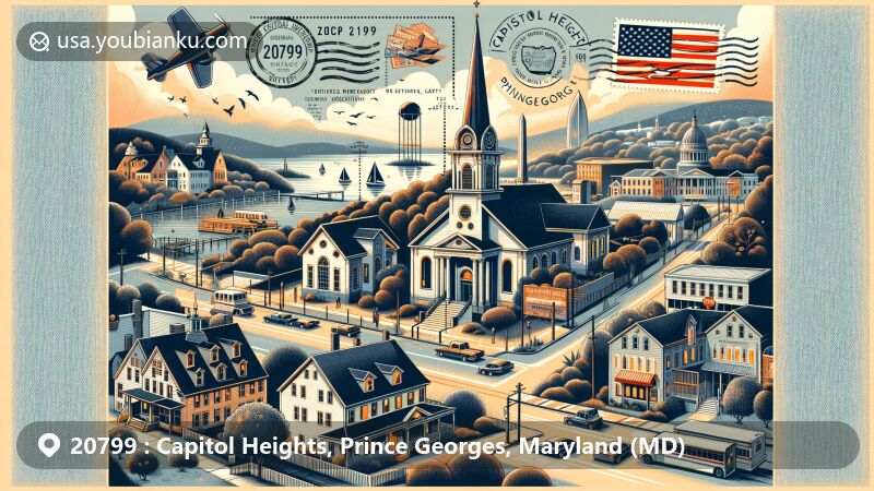 Modern illustration of Capitol Heights, Maryland, showcasing postal theme with ZIP code 20799, highlighting proximity to Washington D.C. and historical significance transitioning into 'Washington DC's Silicon Valley'. Includes Piscataway Village Historic District with historic buildings and Ridgely Methodist Episcopal Church as symbols of rich history and community spirit.