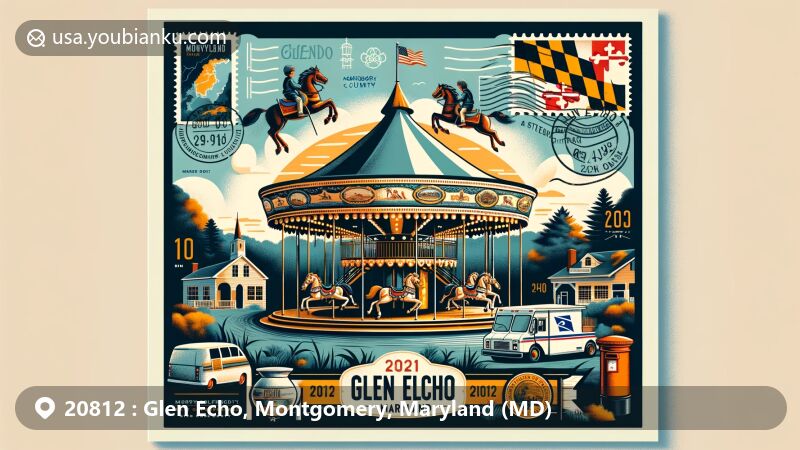 Modern illustration of Glen Echo Park in Maryland, featuring 1921 Dentzel Carousel and scenic landscapes, incorporating Montgomery County's state flag and outlines, with postal elements like stamps, ZIP Code 20812, mailbox, and mail van.