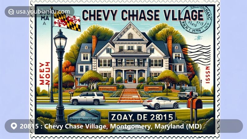 Modern illustration of Chevy Chase Village, Maryland, highlighting suburban elegance near Washington, D.C., featuring postal theme with ZIP code 20815, incorporating postcard elements like postage stamp and postmark.