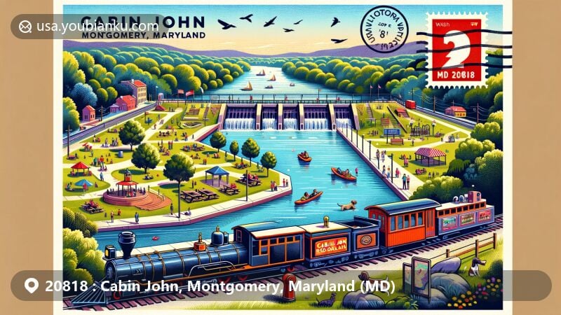 Modern illustration of Cabin John, Montgomery County, Maryland, highlighting Cabin John Regional Park with its miniature train, dog park, and picnic areas, along with Chesapeake and Ohio Canal locks and the Potomac River.