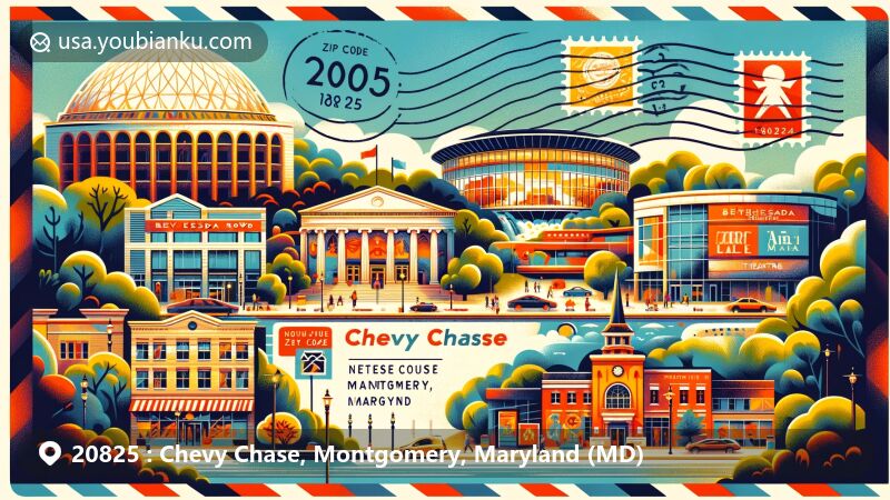 Modern illustration of Chevy Chase, Maryland, with ZIP code 20825, showcasing Bethesda Row, Round House Theatre, and Montgomery County's Agricultural Reserve, blended with postcard design elements.
