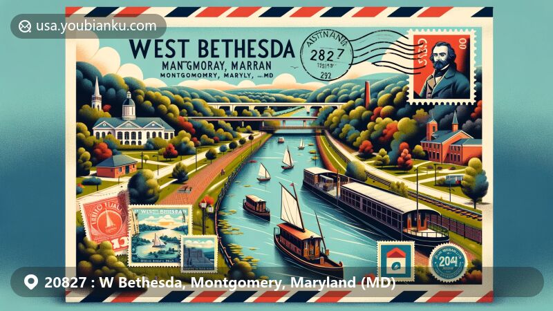 Modern illustration of West Bethesda, Montgomery County, Maryland, inspired by ZIP code 20827. Features include Chesapeake & Ohio Canal (C&O), Josiah Henson Museum & Park, Glen Echo Park, and postal motifs in a vibrant postcard design.