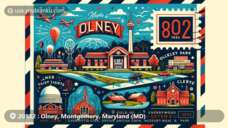 Modern illustration of Olney, Montgomery County, Maryland, featuring iconic landmarks like Winter City Lights, Field Of Screams Maryland, Olney Theatre Center, Cherrywood Park, Oakley Cabin African American Museum and Park, with postal elements including stamps, postmarks, and ZIP code 20832.