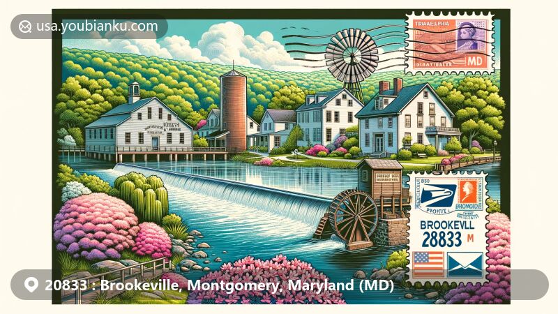 Modern illustration of Brookeville, Montgomery County, Maryland, showcasing postal theme with ZIP code 20833, featuring Triadelphia Reservoir and historic Quaker-style building.