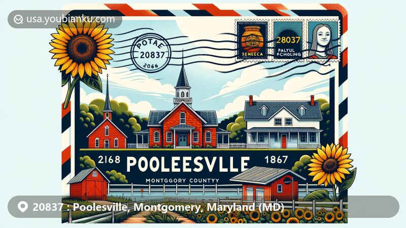 Modern illustration of Poolesville, Montgomery County, Maryland, with postal theme and landmarks like Seneca Schoolhouse and Kunzang Palyul Choling temple, showcasing ZIP code 20837 and sunflowers.