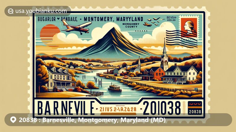 Modern illustration of Barnesville, Montgomery, Maryland, highlighting ZIP code 20838 and scenic Sugarloaf Mountain, with vintage postal elements and warm tones representing the area's climate.