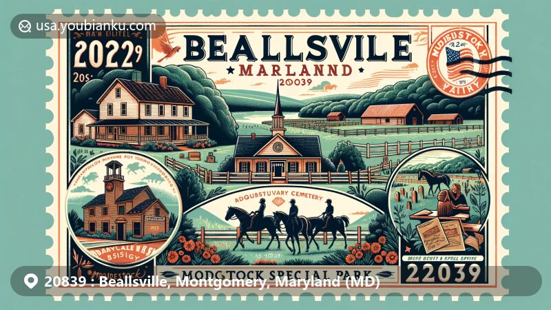Modern illustration of Beallsville, Maryland, showcasing the Darby Store and Monocacy Cemetery, with elements from Woodstock Equestrian Special Park and scenic Montgomery County countryside. Vintage postal theme with ZIP code 20839.