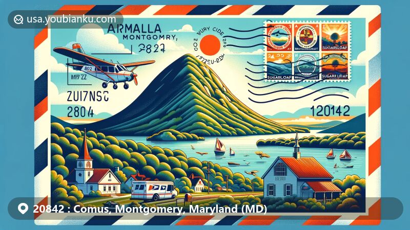Modern illustration of Sugarloaf Mountain in Comus, Montgomery, Maryland, featuring a creative postal theme with airmail elements and ZIP code 20842.