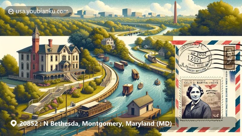 Modern illustration of N Bethesda, Montgomery, Maryland, featuring Josiah Henson Museum and Park, Chesapeake & Ohio Canal, and Clara Barton National Historic Site, blending historic landmarks with modern developments, including a postal theme with ZIP code 20852.