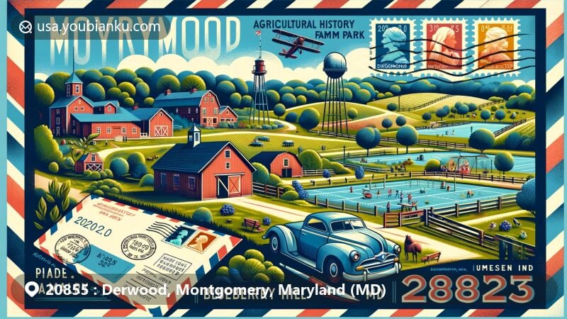 Modern illustration of Derwood, Montgomery County, Maryland, highlighting 20855 ZIP code area with Agricultural History Farm Park and Blueberry Hill Local Park.