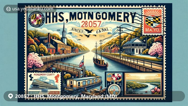 Modern illustration of ZIP code 20857 in HHS, Montgomery, Maryland, highlighting the Chesapeake & Ohio Canal, Maryland state symbols, and vintage postal elements.