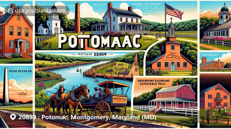 Modern illustration of Potomac, Montgomery County, Maryland, highlighting key landmarks including the Chesapeake & Ohio Canal, Josiah Henson Museum & Park, Woodlawn Manor Cultural Park, and Glen Echo Park within a postal theme for ZIP code 20859.