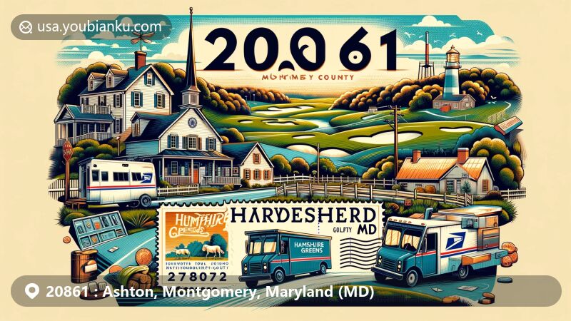Modern illustration capturing Ashton, Montgomery County, Maryland's unique essence with ZIP code 20861, showcasing rural community charm and Hampshire Greens Golf Course landmark.