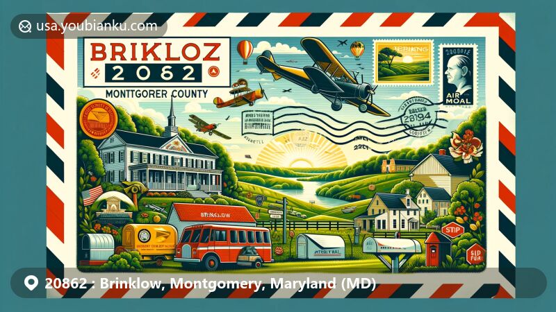 Modern illustration of Brinklow, Montgomery County, Maryland, with air mail envelope appearance and ZIP code 20862, featuring rural allure and community ethos.