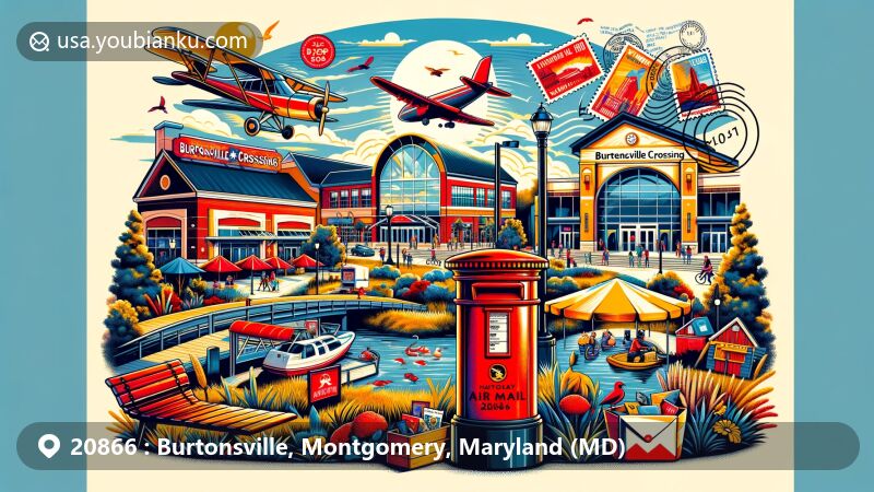 Modern illustration of Burtonsville, Maryland, highlighting ZIP code 20866, showcasing local parks, Burtonsville Day celebration, and Burtonsville Crossing Shopping Center, with vintage postal elements like air mail envelope, stamps, postmark, and red postal box.