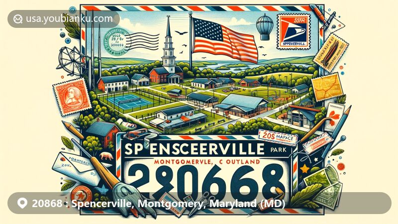 Modern illustration of Spencerville, Montgomery County, Maryland, featuring postal theme with ZIP code 20868, showcasing Spencerville Local Park's playground, ball fields, tennis courts, and picnic area, and including Maryland state flag and Montgomery County outline.
