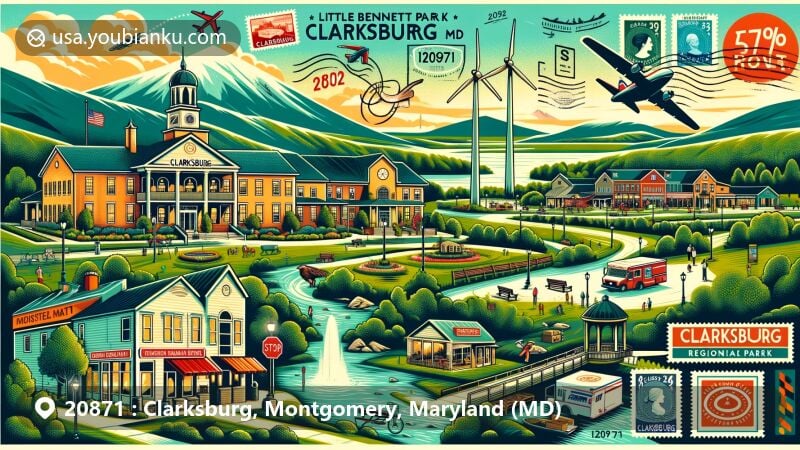 Modern illustration of Clarksburg, Maryland, showcasing natural beauty, historic sites of Little Bennett Regional Park, and bustling Clarksburg Village Center, with a postal theme highlighting ZIP code 20871.