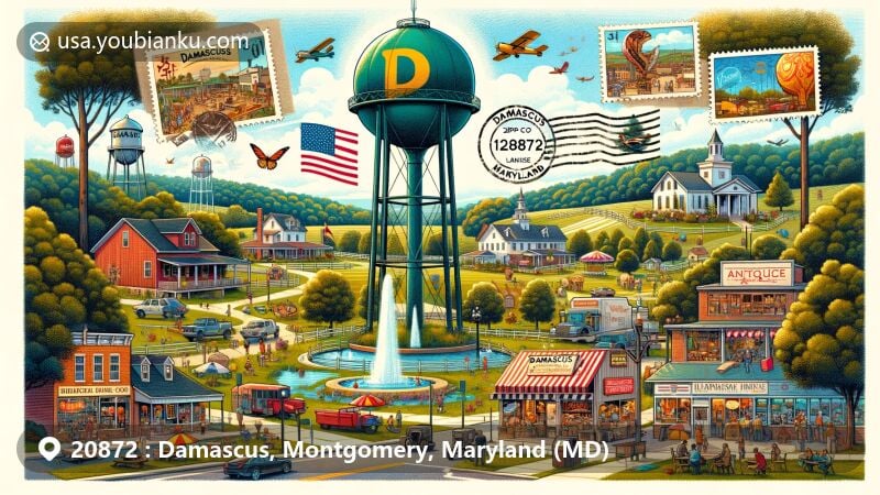 Contemporary illustration of Damascus, Montgomery County, Maryland, highlighting ZIP code 20872 and its diverse elements, from the iconic 'D' water tower to the Damascus Community Fair, local businesses, green spaces, and culinary offerings.