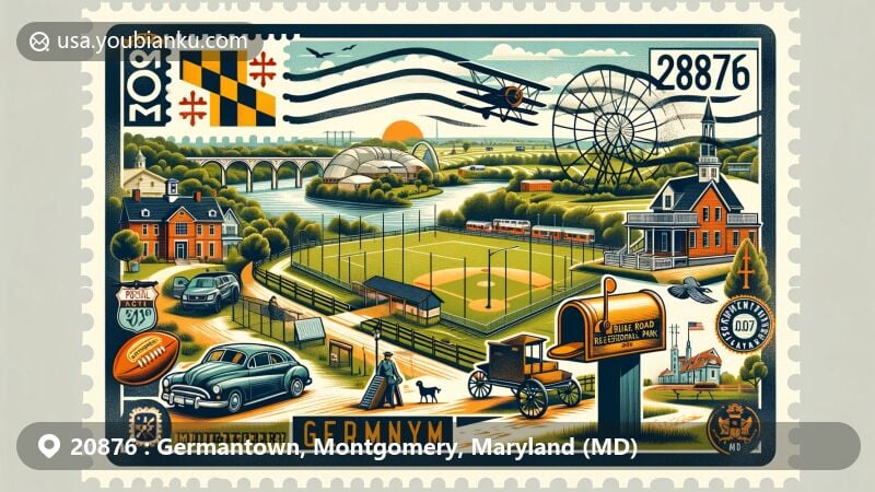 Modern illustration of Germantown, Montgomery, Maryland, representing ZIP code 20876, showcasing iconic landmarks and community life with scenic parks, Ridge Road Recreational Park, and diverse cultural heritage.