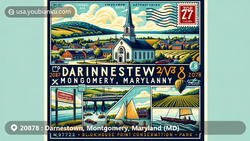 Modern illustration of Darnestown, Montgomery, Maryland, capturing ZIP code 20878 area with Potomac River, Darnestown Presbyterian Church, Windridge Vineyards, and Blockhouse Point Conservation Park.