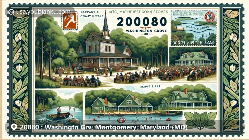 Modern illustration of Washington Grove, Montgomery County, Maryland, capturing historic and natural charm with scenes of Methodist camp meetings, Carpenter Gothic-style cottages, swimmers at Maple Lake, and lush greenery of Washington Grove Conservation Park.