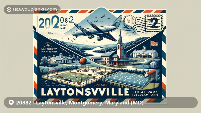 Modern illustration of Laytonsville, Montgomery, Maryland, showcasing postal theme with ZIP code 20882, featuring Laytonsville Local Park amenities and historic Tusculum Farm.
